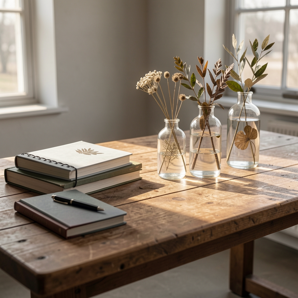 Minimalist London studio workspace with open notebooks, ingredient sample jars, and a lit table lamp casting warm light on a dark wooden desk