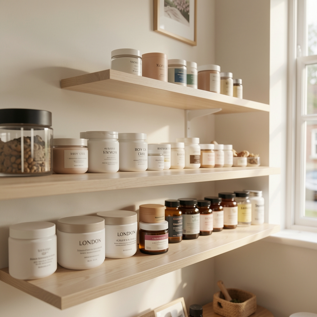 London wellness studio interior with neatly arranged body cream and vitamin supplement jars on a pale wooden shelf in natural light