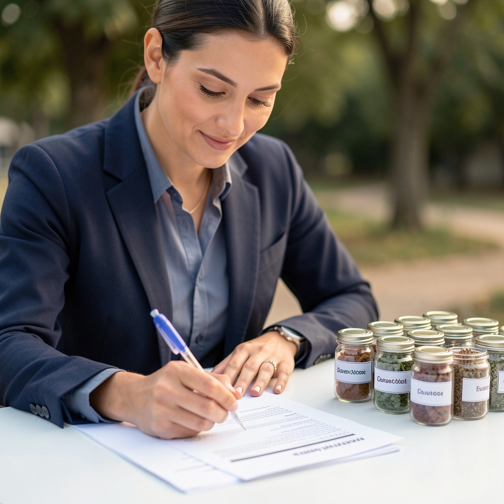 Selection team member reviewing ingredient documentation papers on a white table with botanical raw material samples in small labelled glass jars arranged in a grid beside the documents