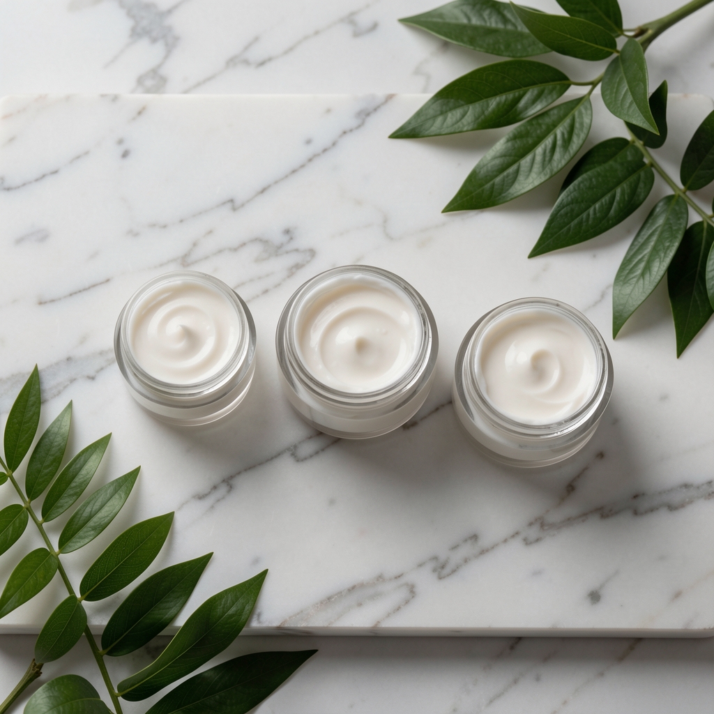 Three body cream product jars of different sizes arranged on a marble slab surface, flatlay editorial photography with green botanical leaves placed around them